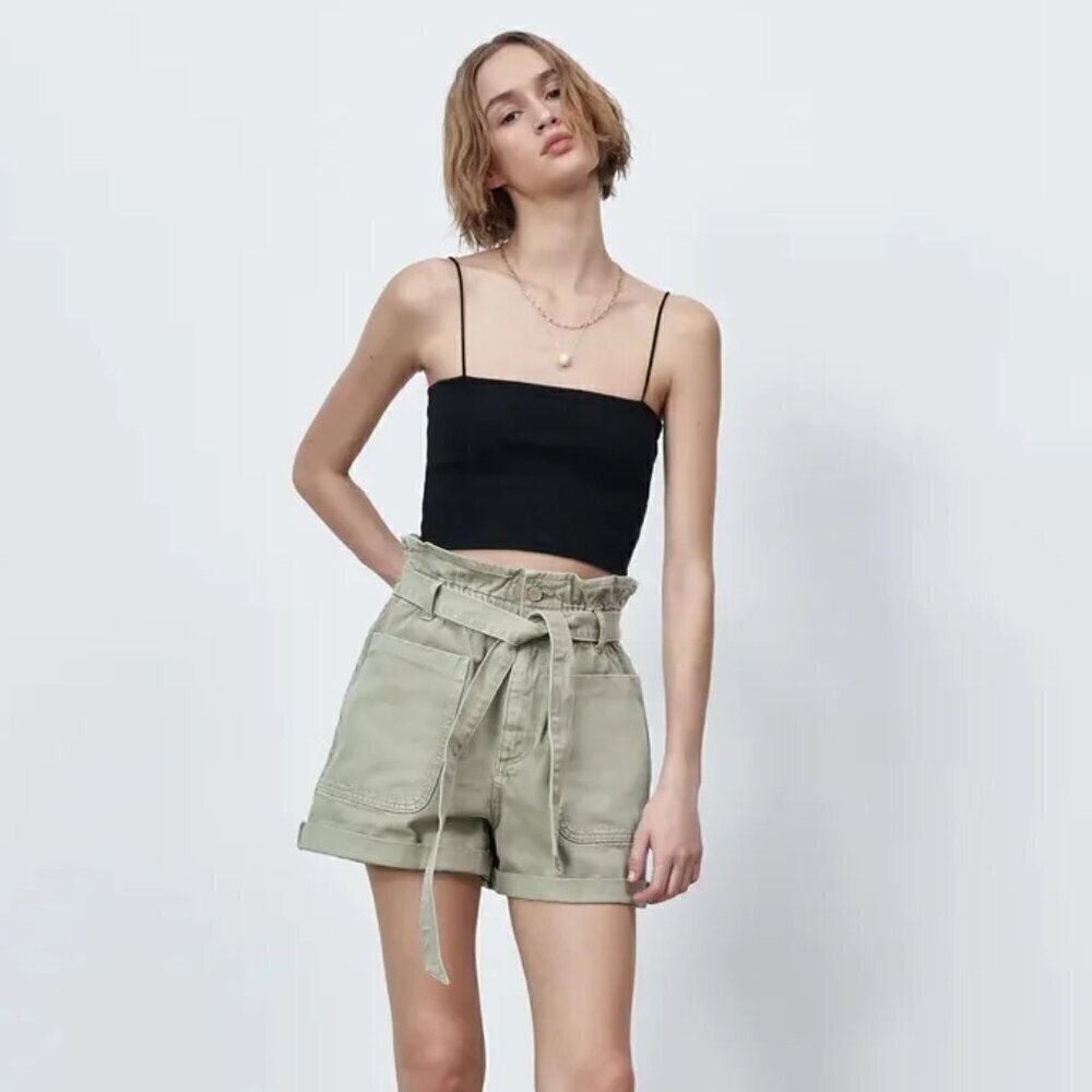 Zara Women's Sage Green Paperbag Waist Shorts